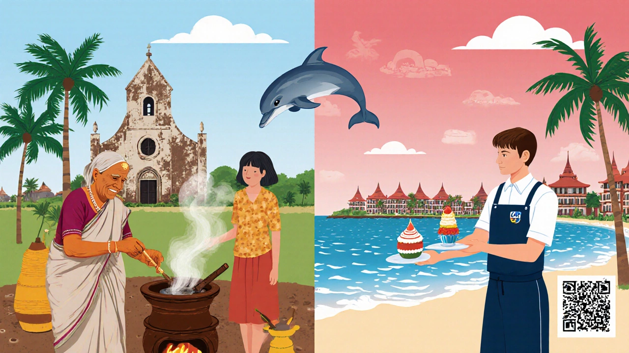Contrasting scene: a local teaching cooking in Goa vs. a tourist receiving food in Phuket, separated by a dolphin.