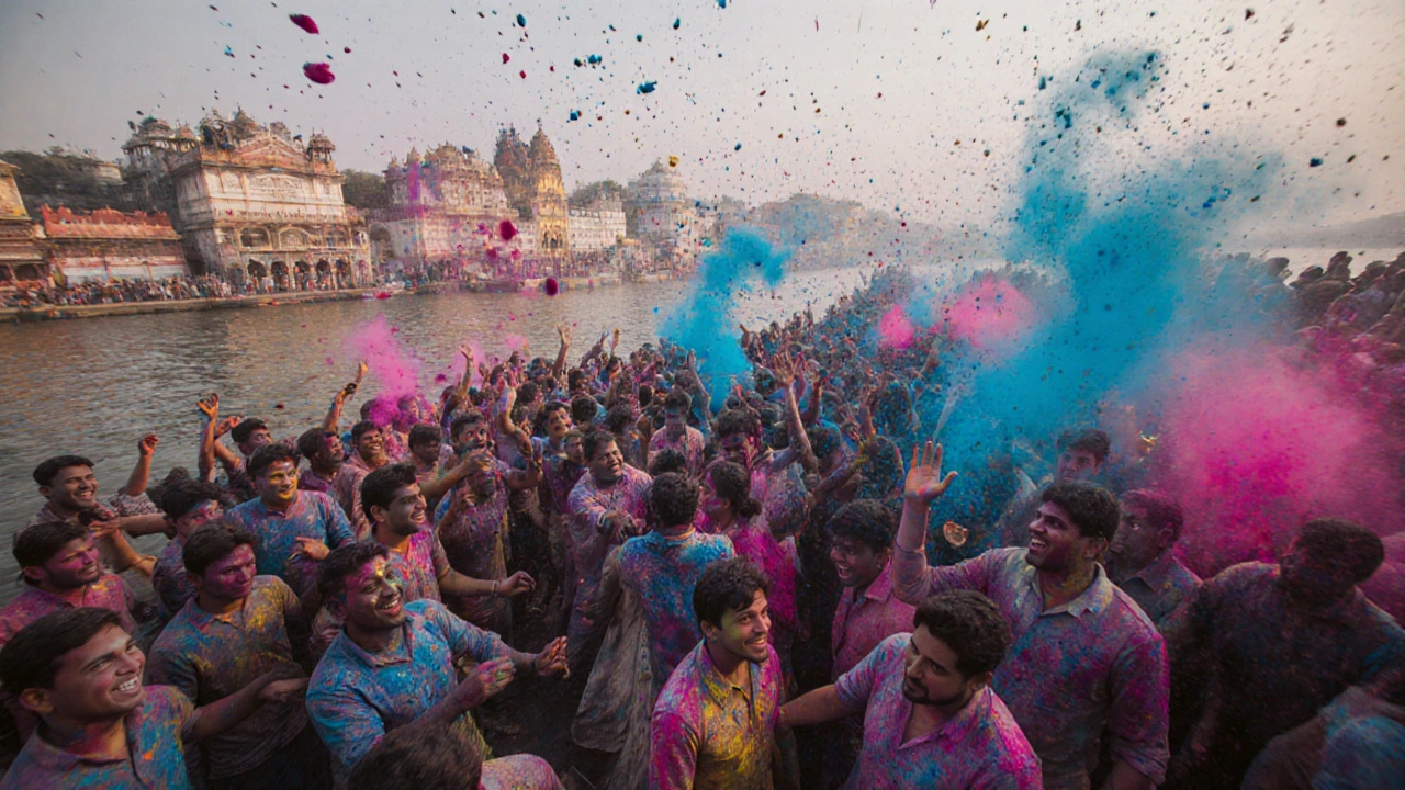 Crowd celebrating Holi with colorful powders along the Ganges River.