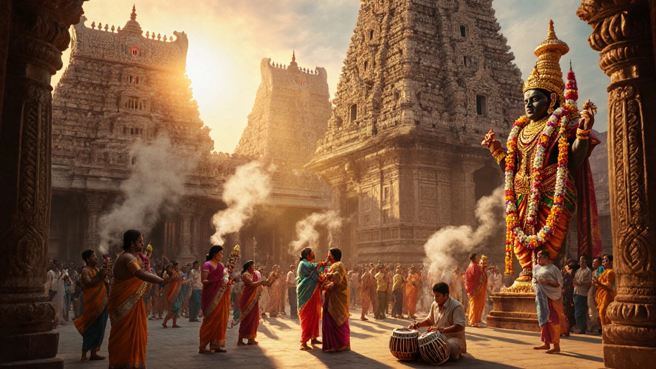 Morning rituals at Meenakshi Temple in Tamil Nadu with devotees, musicians, and carved temple towers in golden light.