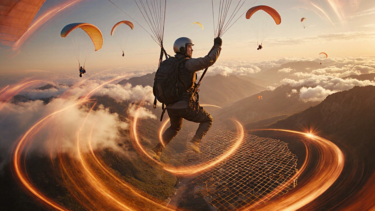 Paraglider soaring above a valley, surrounded by invisible thermal currents visualized as glowing streams in the sky.