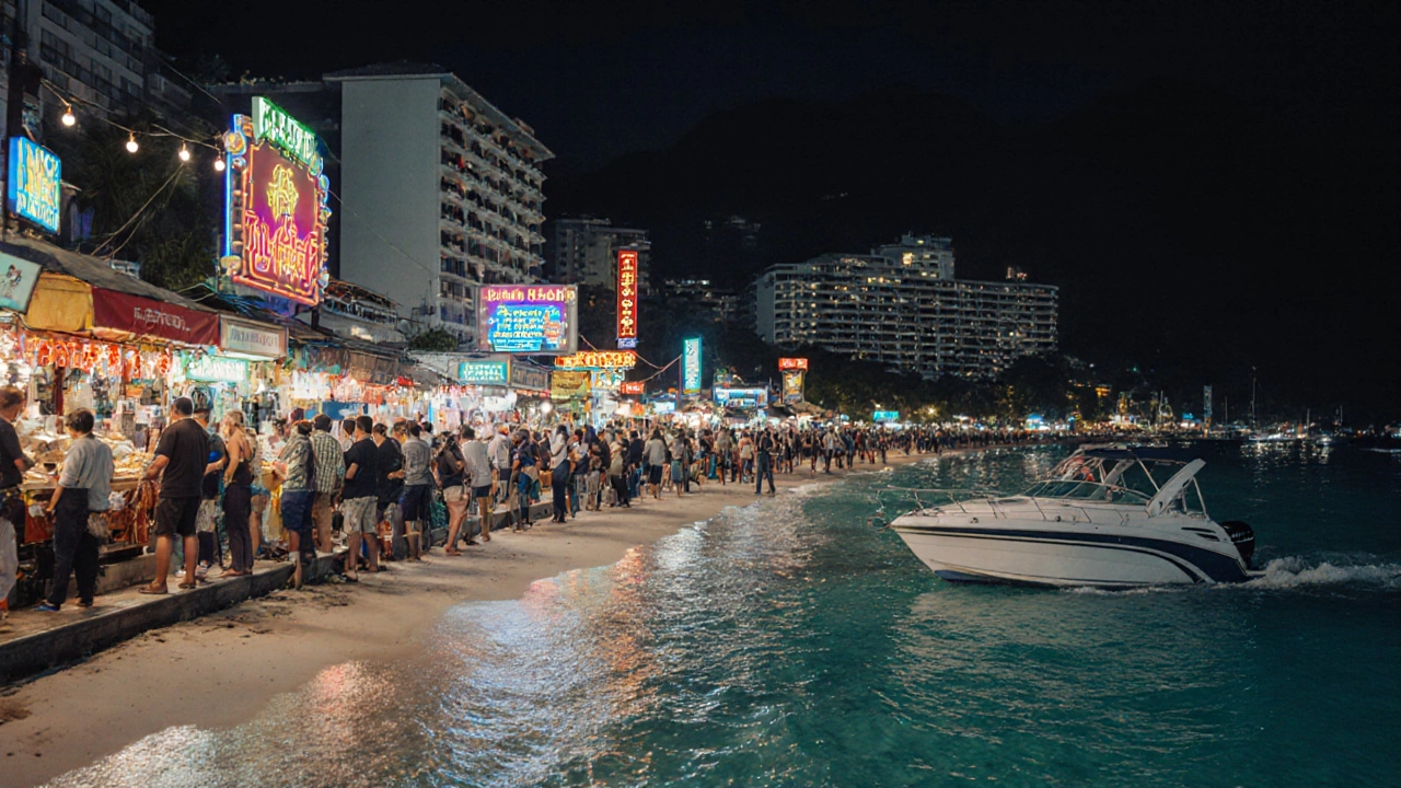 Phuket&#039;s Patong Beach at night with neon signs, luxury resorts, and tourists enjoying street food.