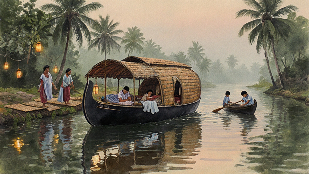 Quiet houseboat on Kerala backwaters at dusk with local family washing clothes and children rowing nearby.