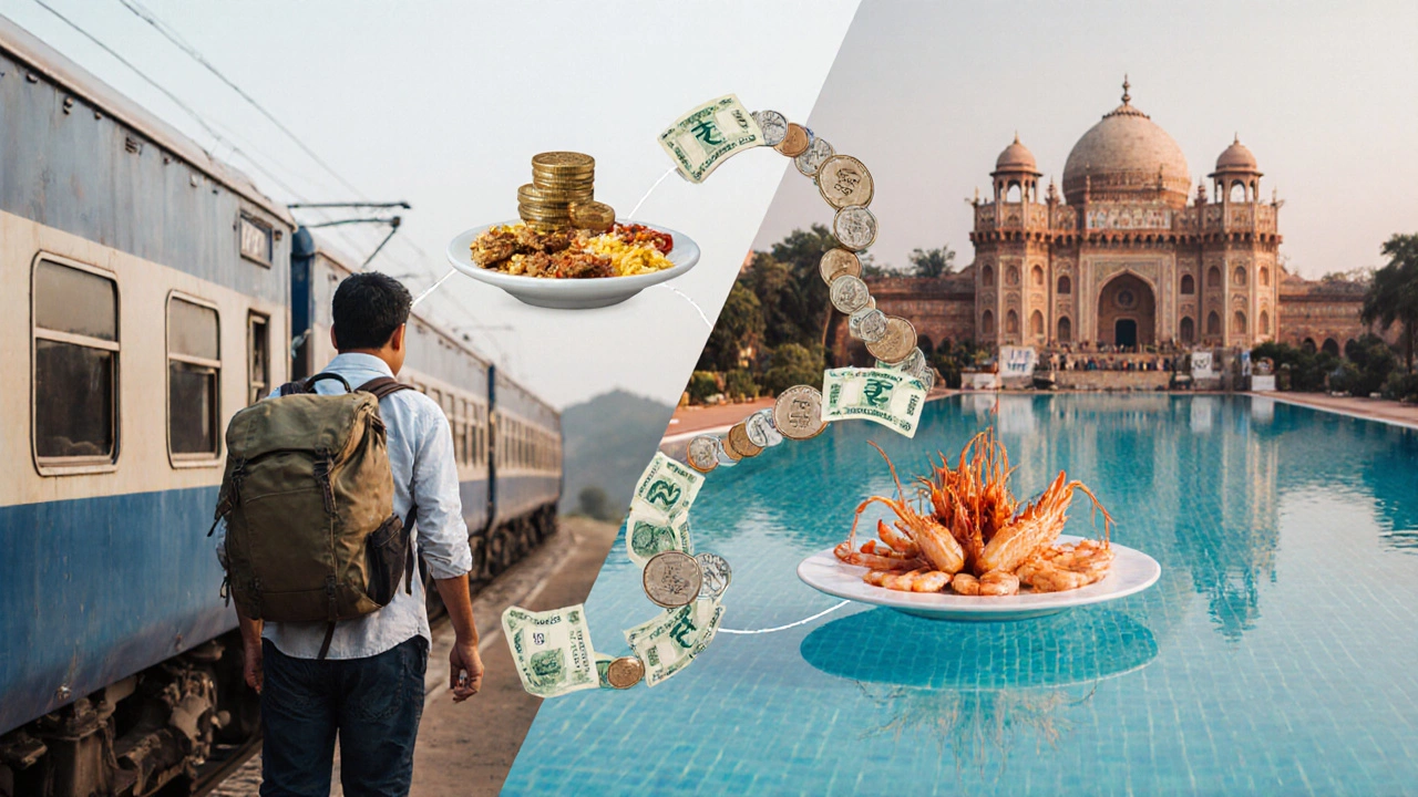 Split-screen budget comparison: budget traveler on train vs luxury hotel, connected by rupee path.