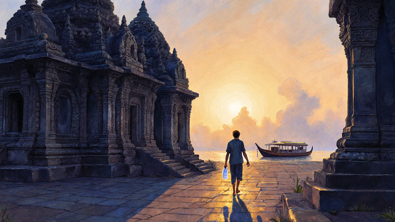 Sunset view of ancient stone temple with traveler walking path and backwater boat in distance.