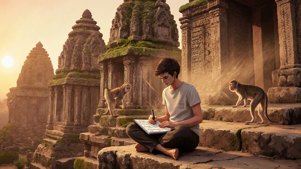 Traveler in Hampi ruins at sunset with ancient stone chariots and open notebook beside them.