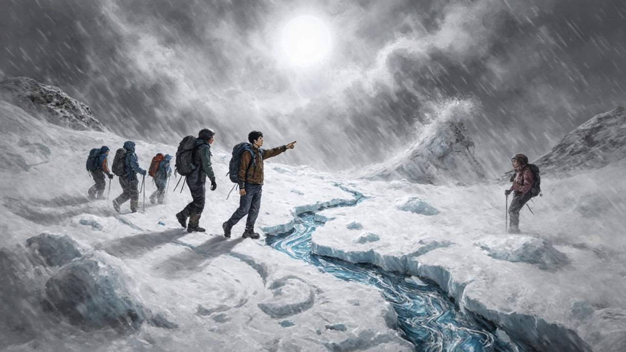 Trekkers in a snowstorm, one calmly following a meltwater channel to find their way without GPS.