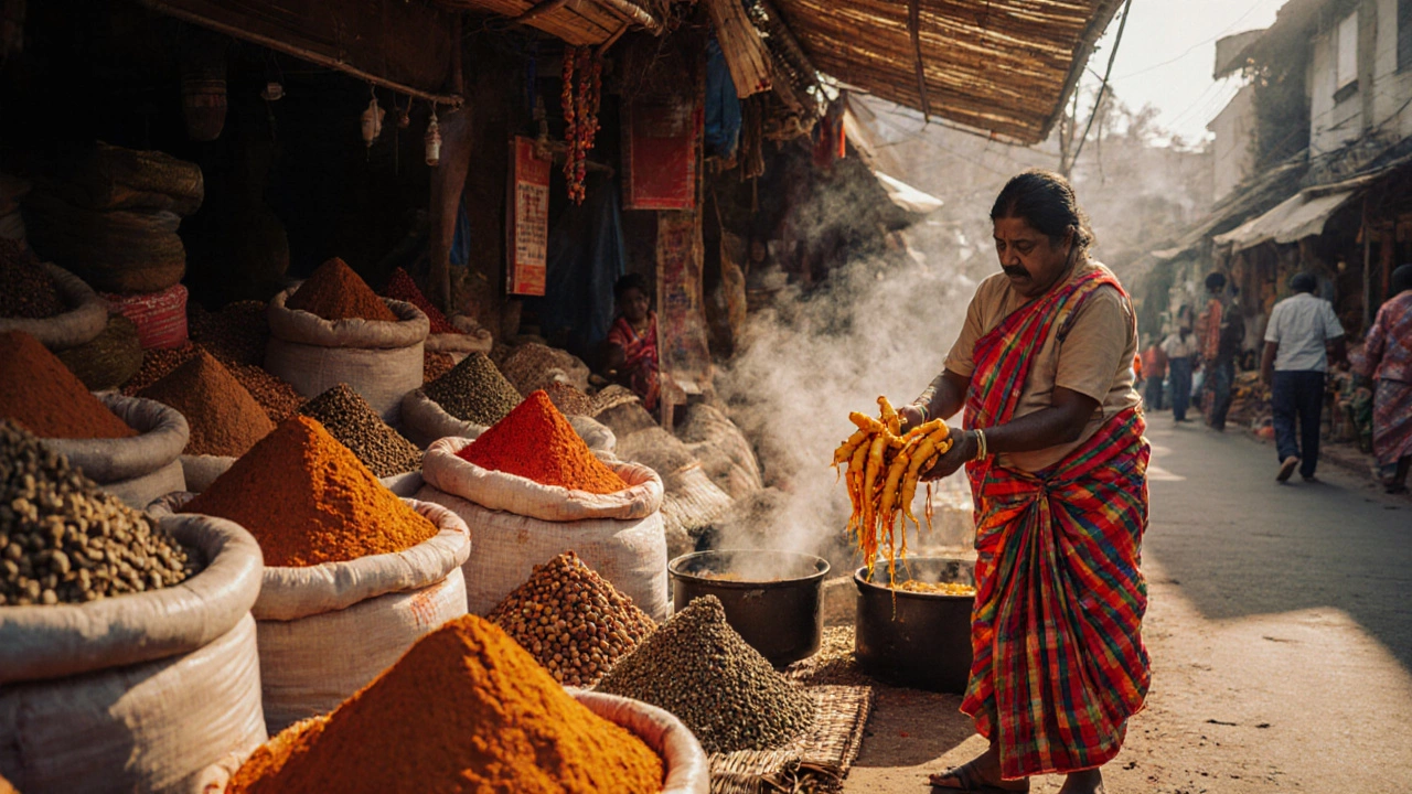 Vibrant Indian spice market with sacks of turmeric and chili powder under sunlight.