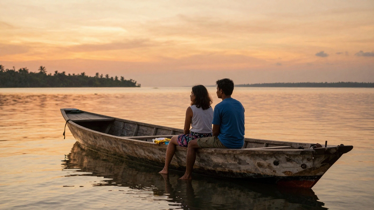 A couple sits silently in a wooden boat on a calm Andaman canal at sunset, barefoot and together.