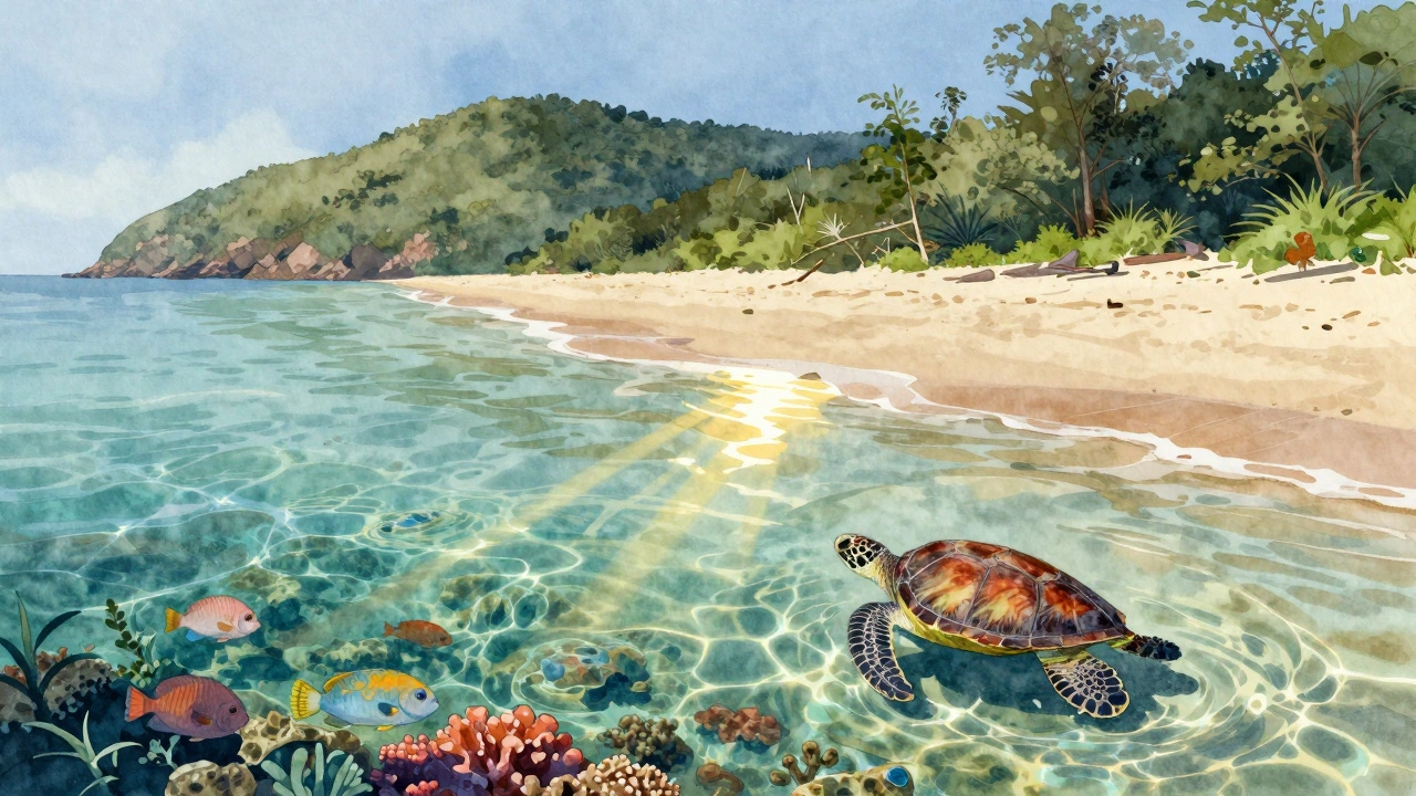 A hidden sandbar at low tide with fish and coral visible in clear water, surrounded by jungle hills.