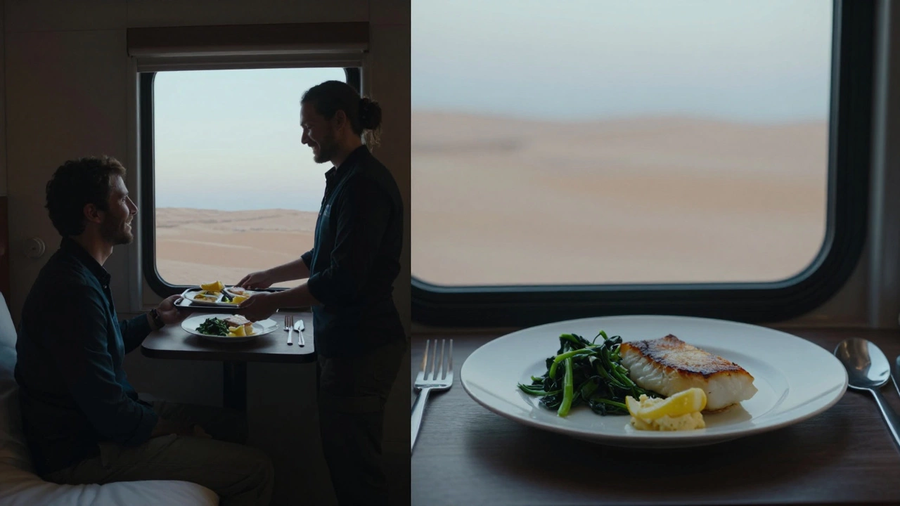 A traveler receives a meal in their Roomette while窗外 a desert sunset glows outside, food elegantly plated.