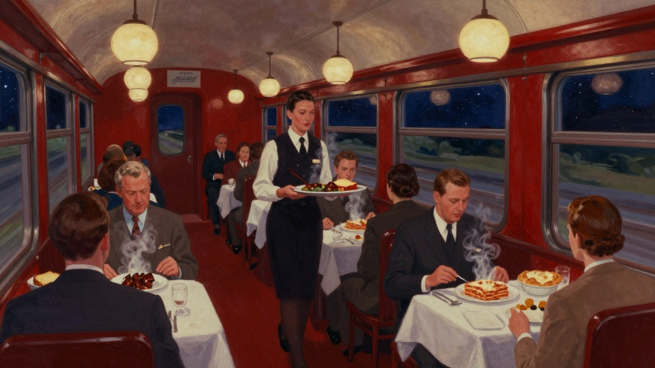 An Amtrak dining car at night with waitstaff serving meals under soft lights,窗外 stars and landscape blur past.
