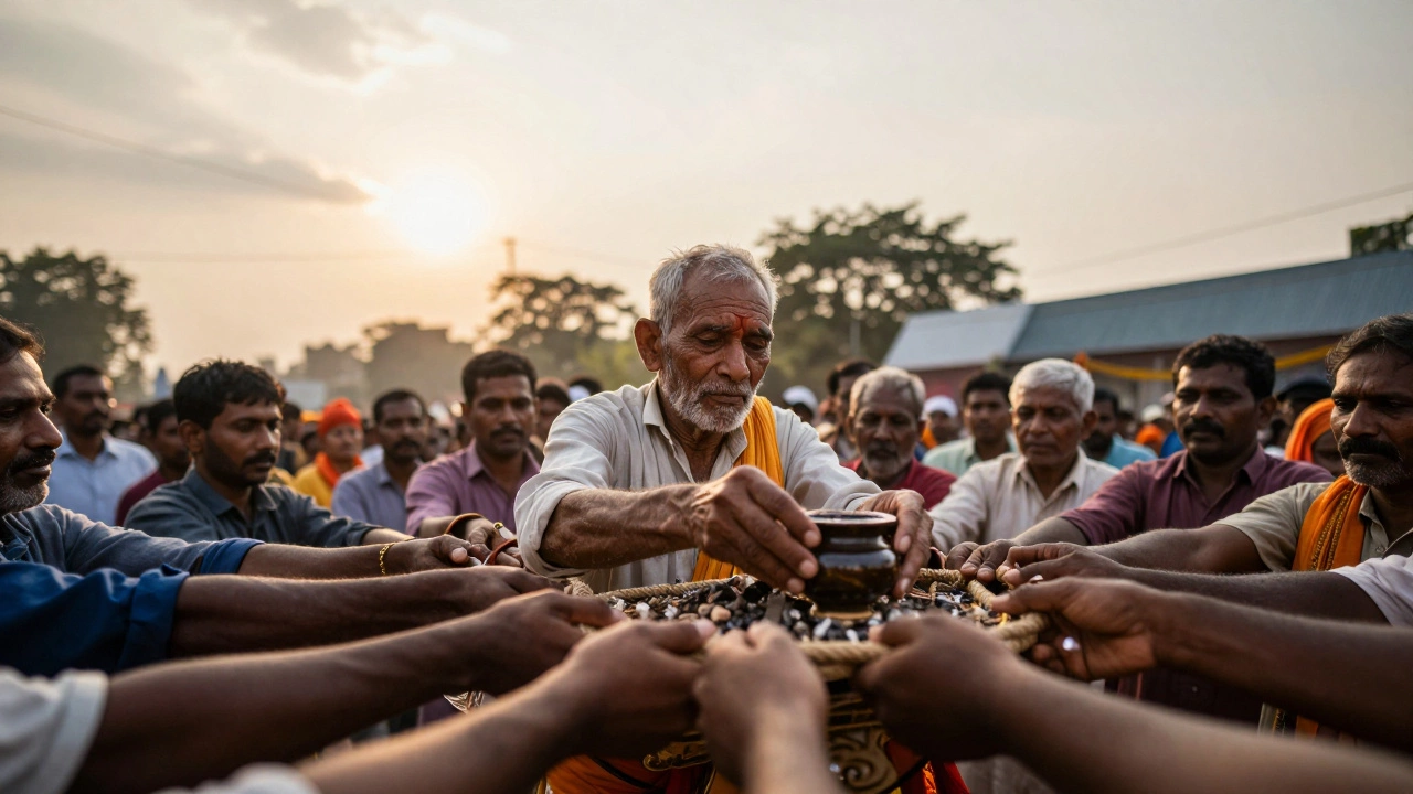 An elderly man placing ashes on a festival rope as others pull together in silent devotion.