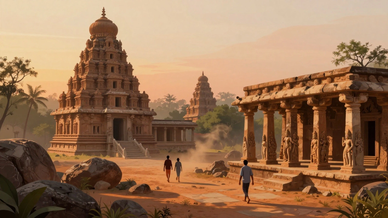 Ancient stone temples and boulders in Hampi bathed in golden sunrise light, with travelers walking peacefully among ruins.