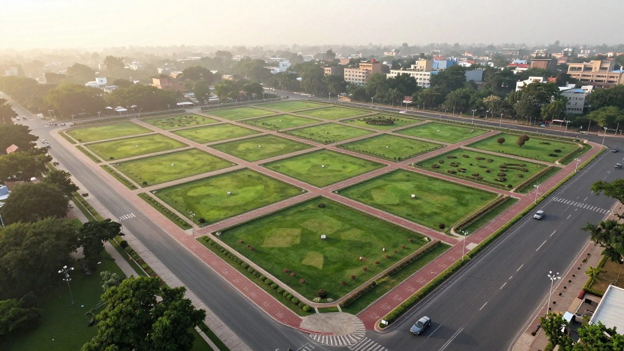 Chandigarh’s grid city layout with wide roads, green spaces, and no traffic, bathed in morning light.