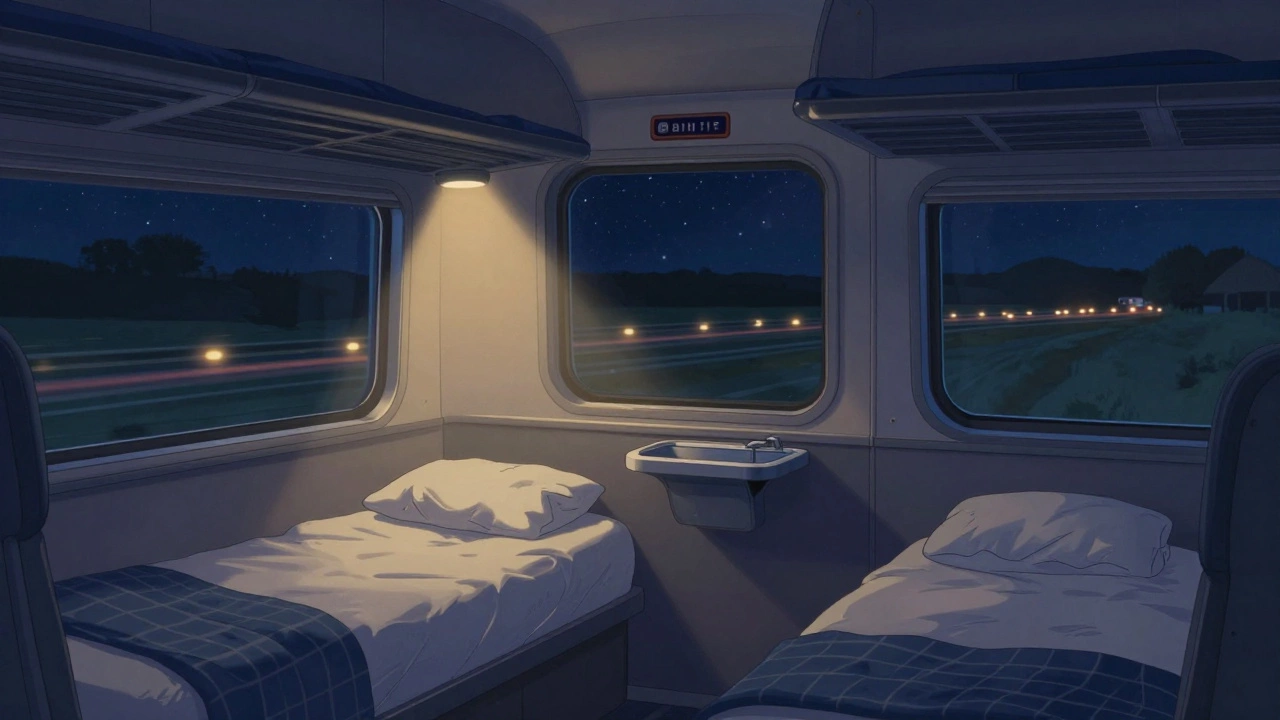 Cozy Amtrak Roomette at night with beds, sink, and passing lights outside
