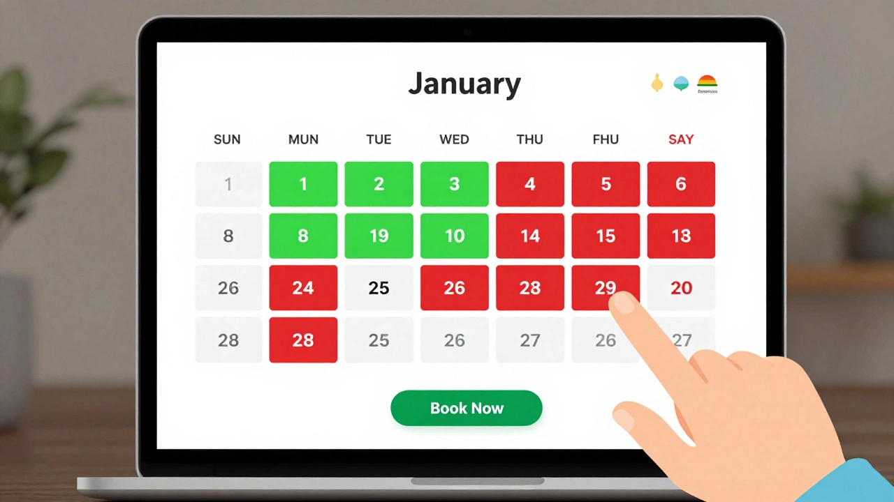 Digital flight price calendar showing green midweek days and red weekend prices.