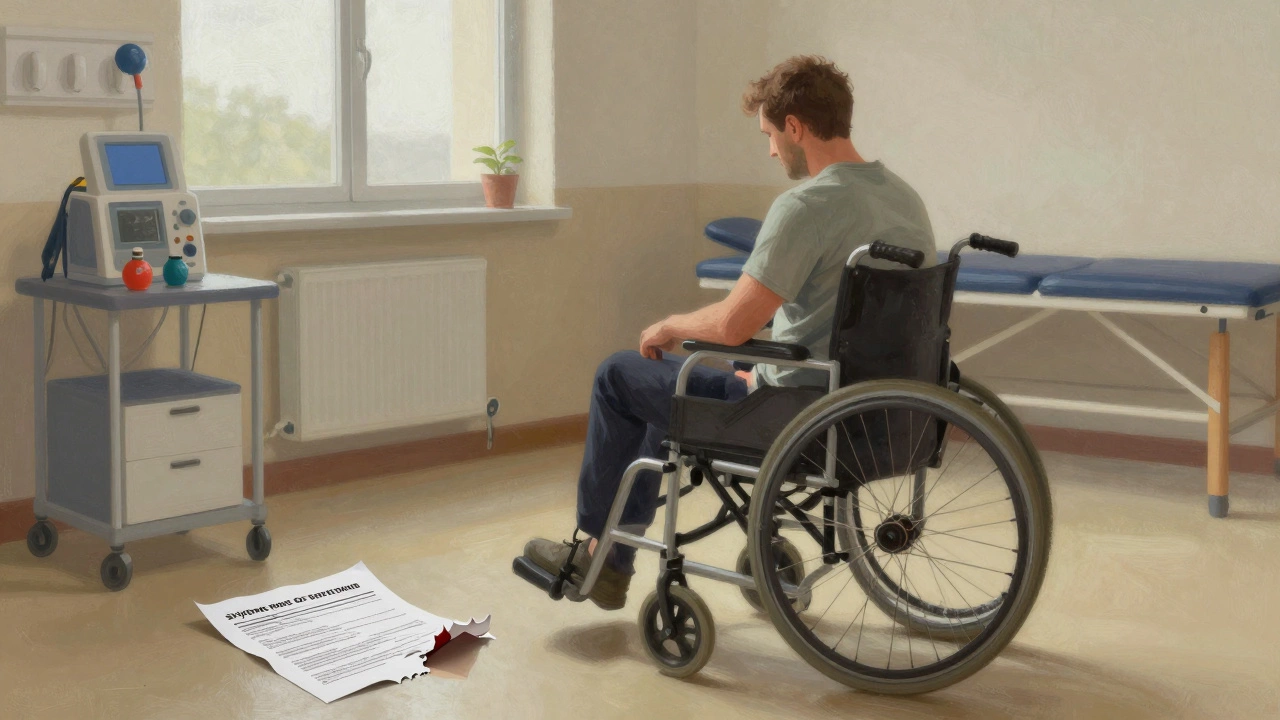 Spinal injury survivor in rehabilitation, torn skydiving waiver on floor beside wheelchair.