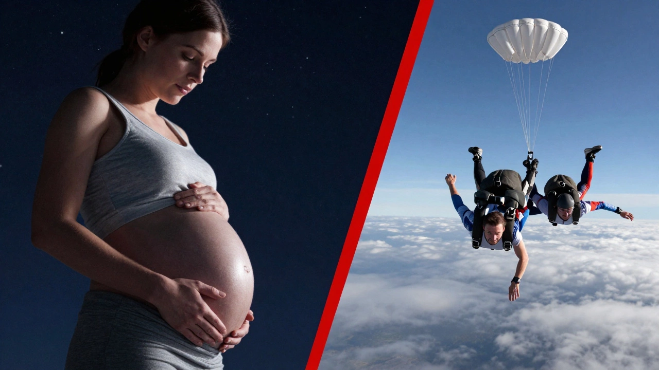 Split image: pregnant woman under stars vs. skydiver falling, divided by bold red slash.