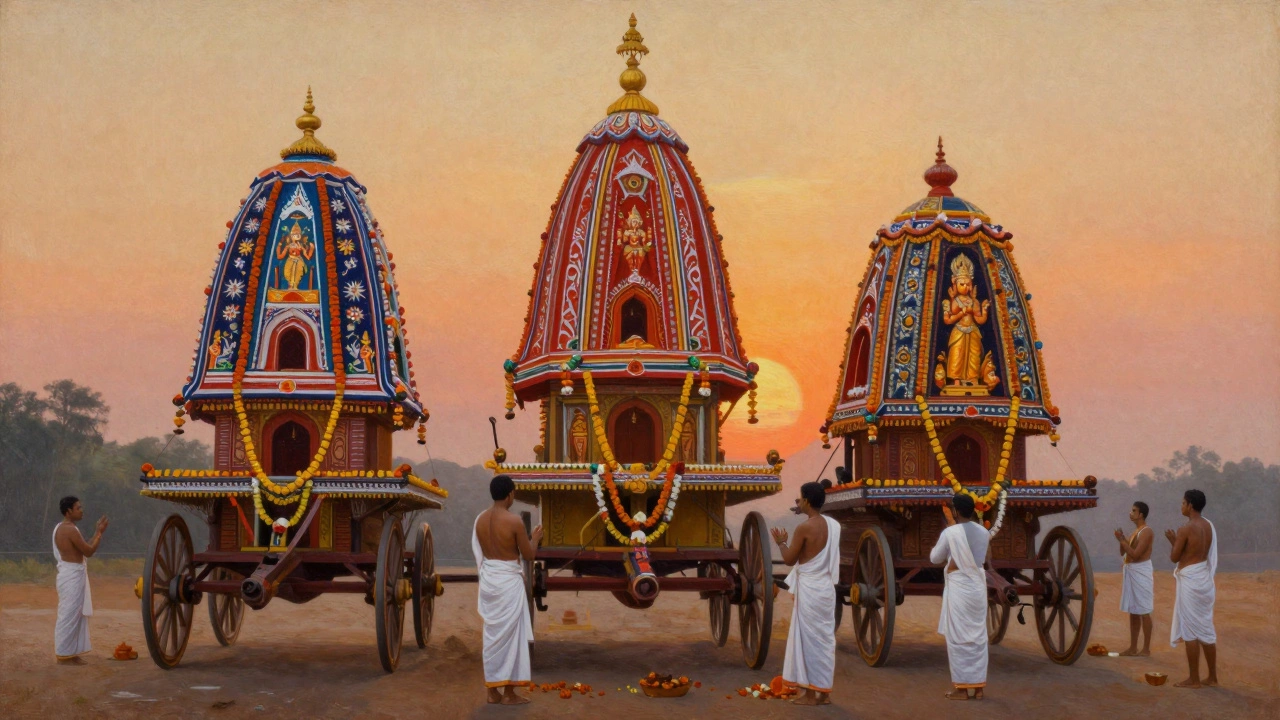 Three ornate chariots decorated with flags and flowers, standing still before sunrise in Puri.