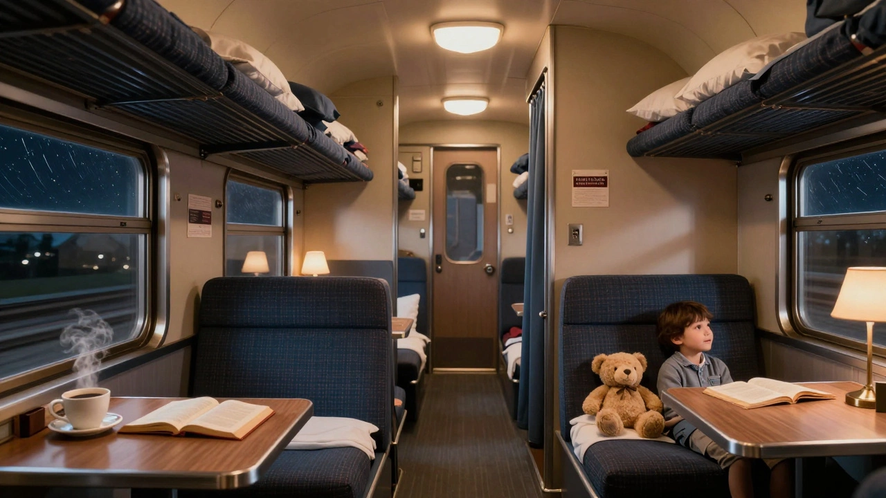 Three types of Amtrak sleeper compartments with warm interior details
