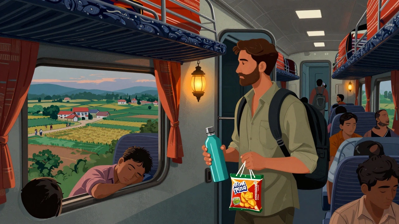 Traveler boarding an overnight train in India at twilight