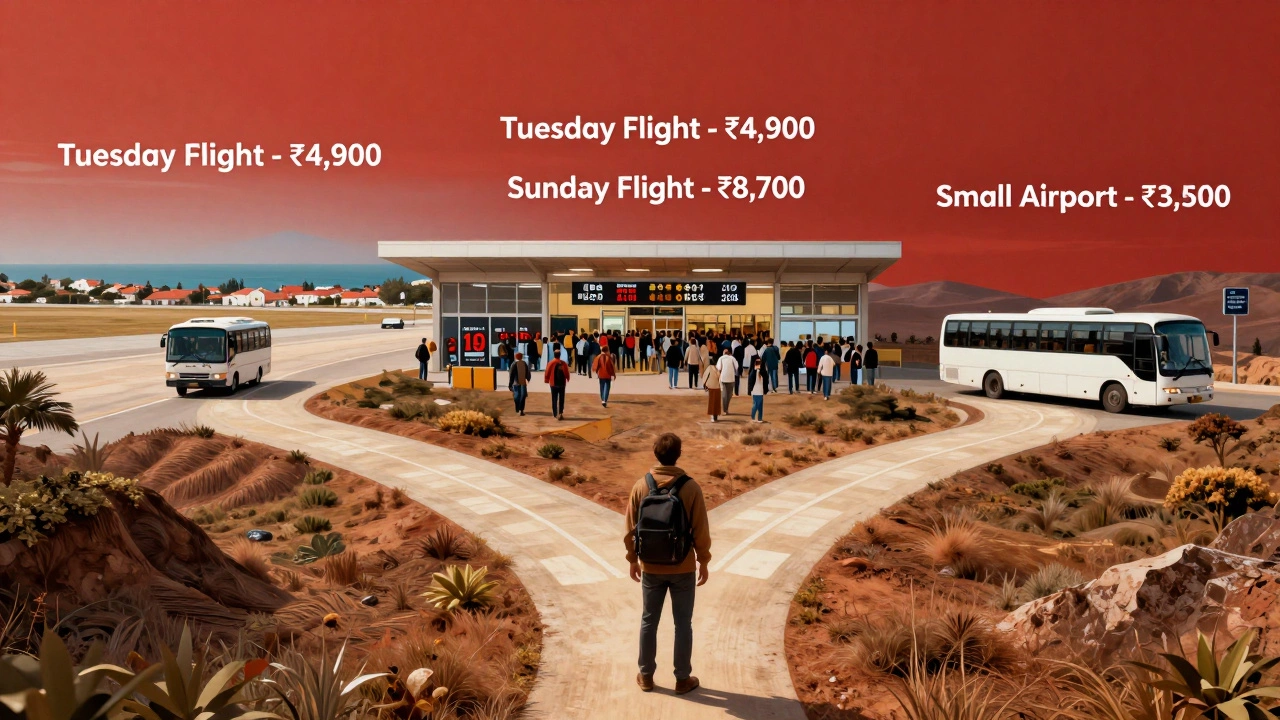 Traveler choosing between budget flight options at a symbolic crossroads.