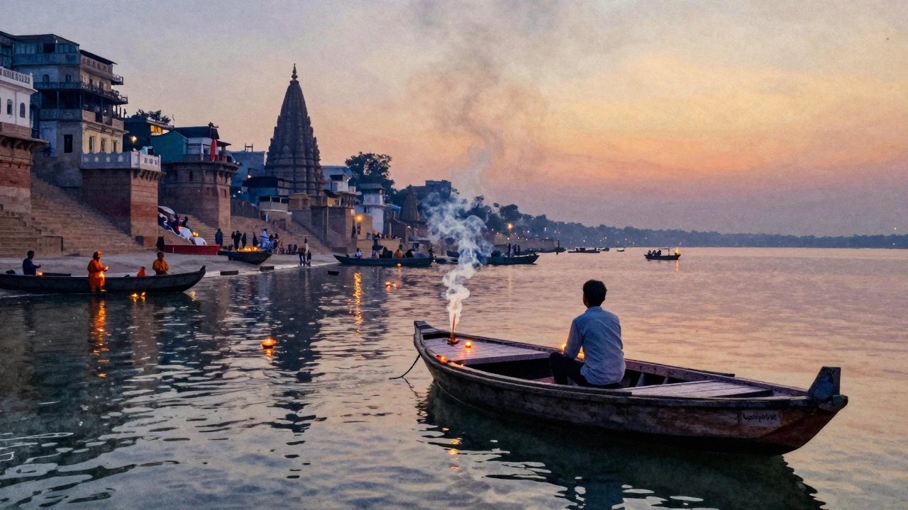 Traveler on a boat at sunset on the Ganges in Varanasi