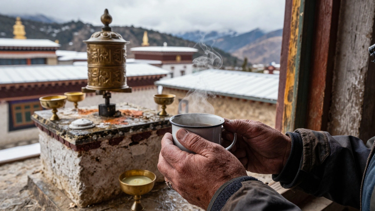 Trekker&#039;s hands holding tea beside prayer wheels in a Himalayan monastery courtyard.