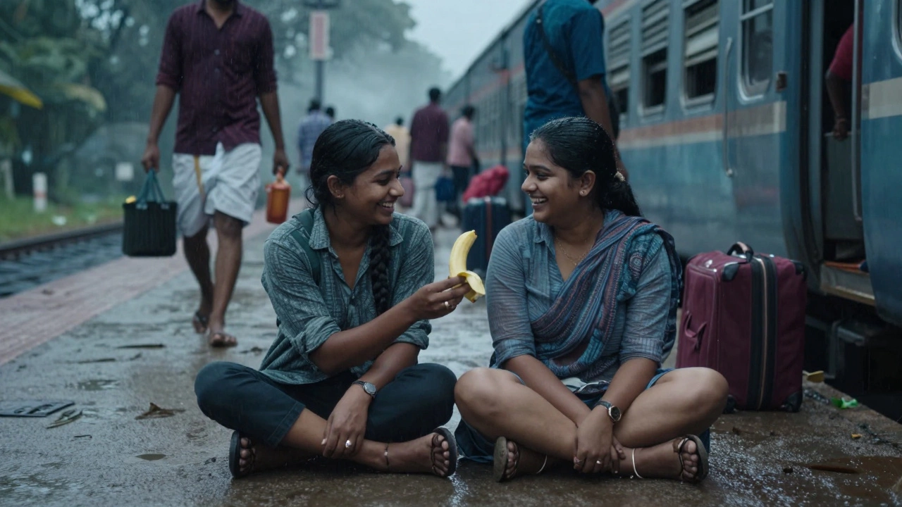 Two people share a banana on a rainy Kerala train platform, laughing softly amid blurred travelers.
