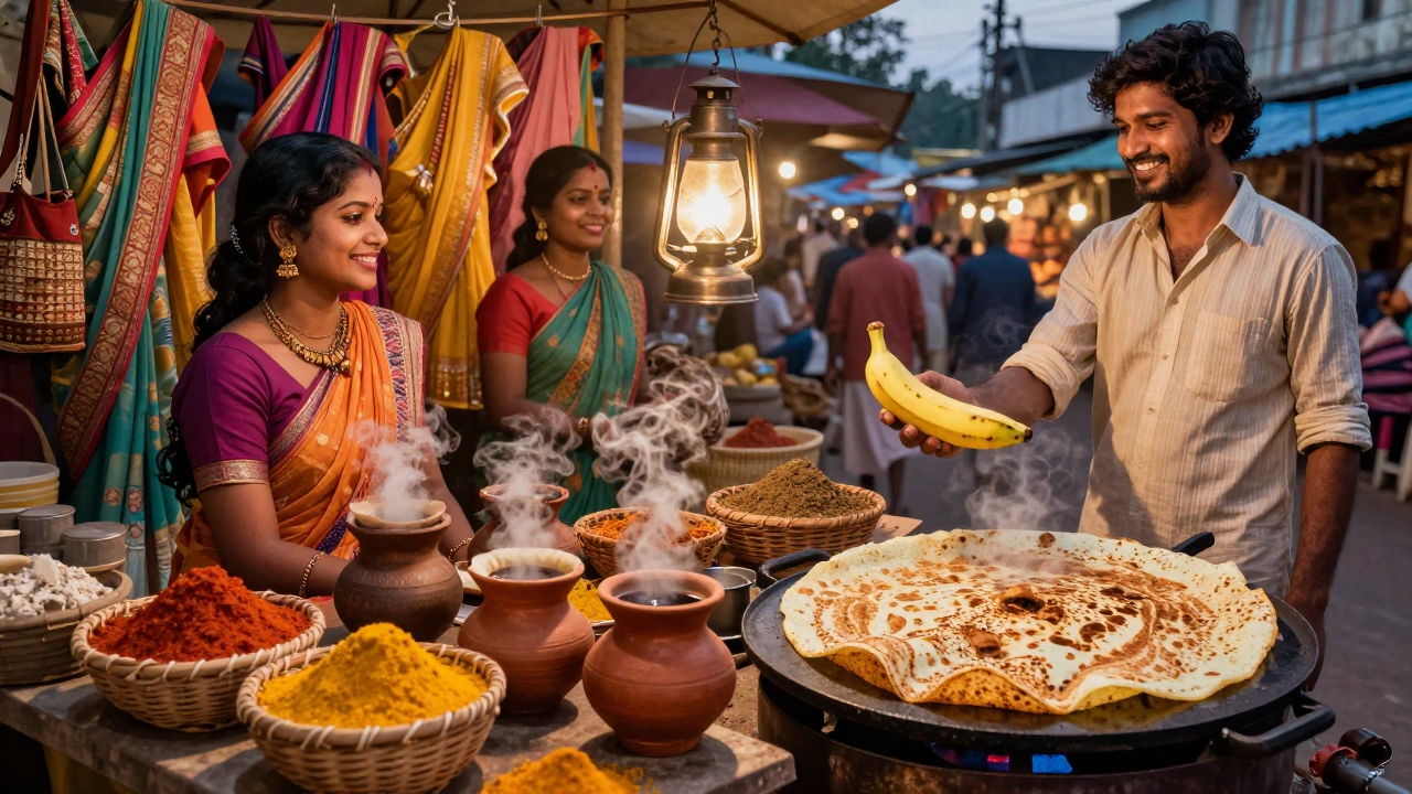 Vibrant South Indian street market at twilight with food, spices, and a local offering a banana to a traveler.