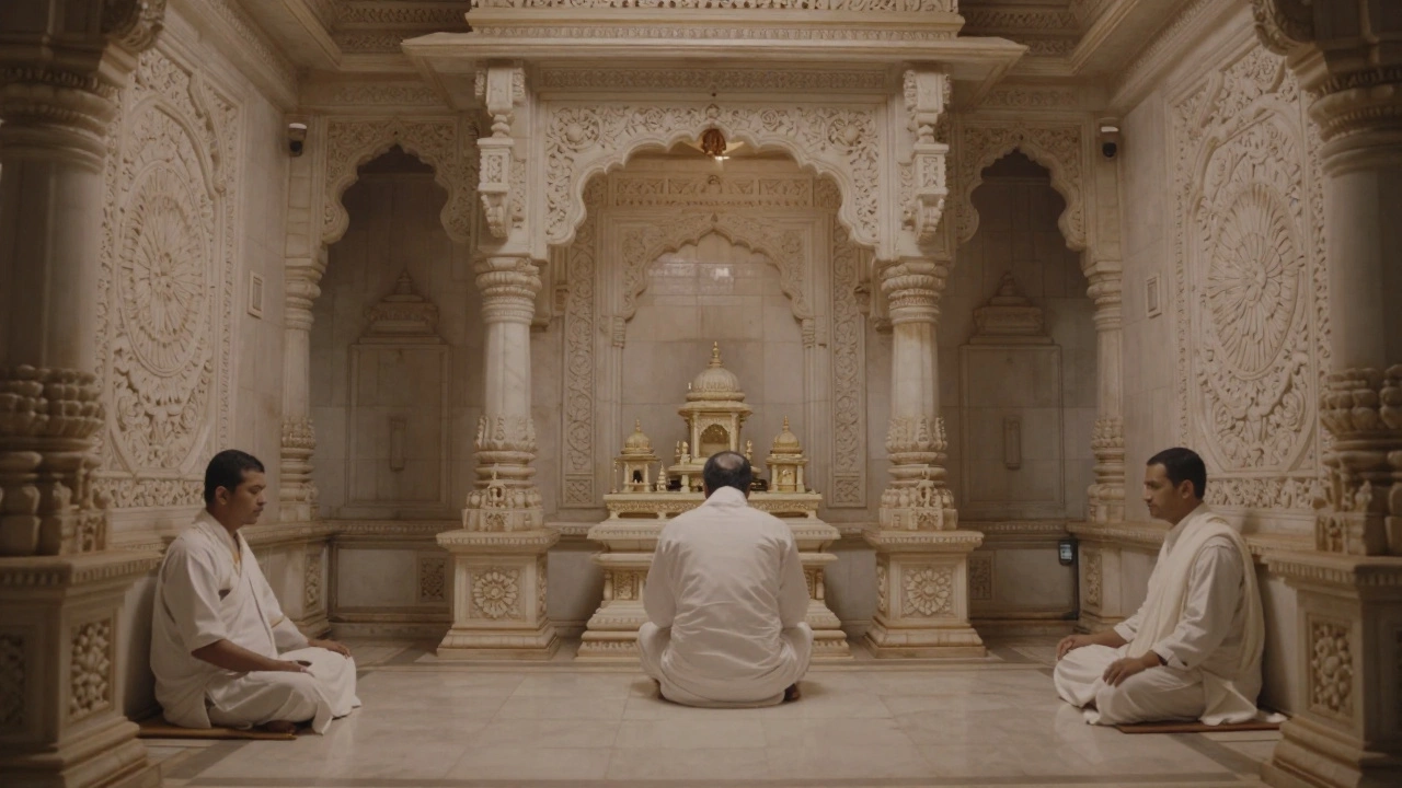 A quiet Jain temple with detailed marble carvings and no visible donations, exuding peaceful simplicity
