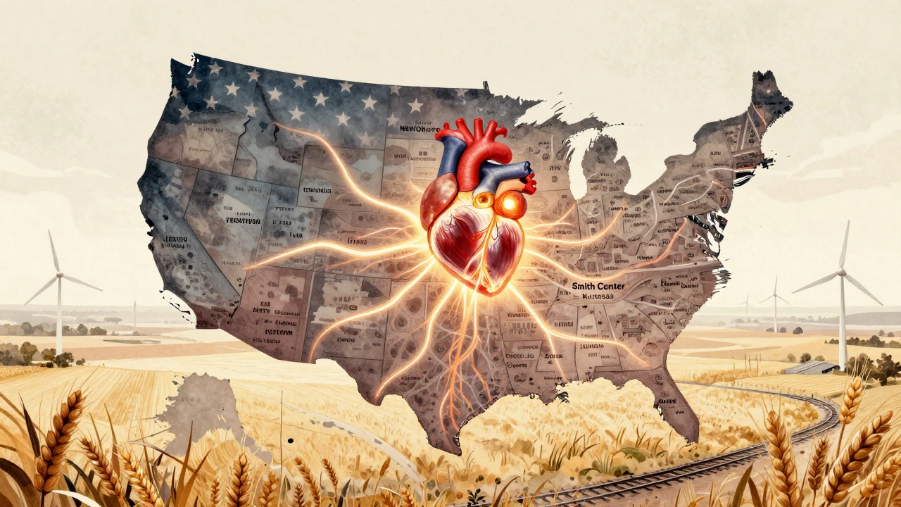 Conceptual map of the U.S. as a body, with heart centered on Kansas and veins of roads radiating outward.