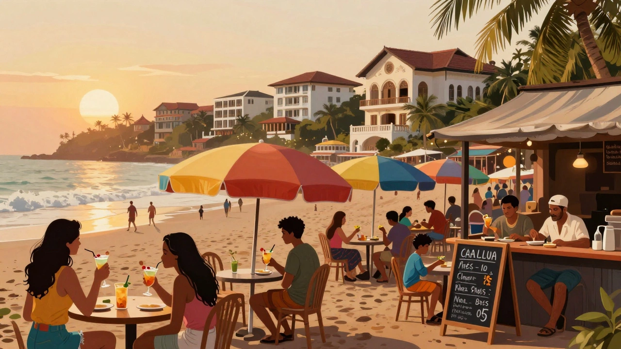 Contrast between expensive tourist beach bars and local eatery inland in Goa.