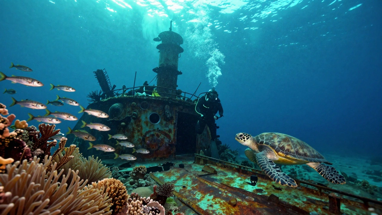Diver exploring a submerged shipwreck surrounded by marine life in Goa's clear waters.