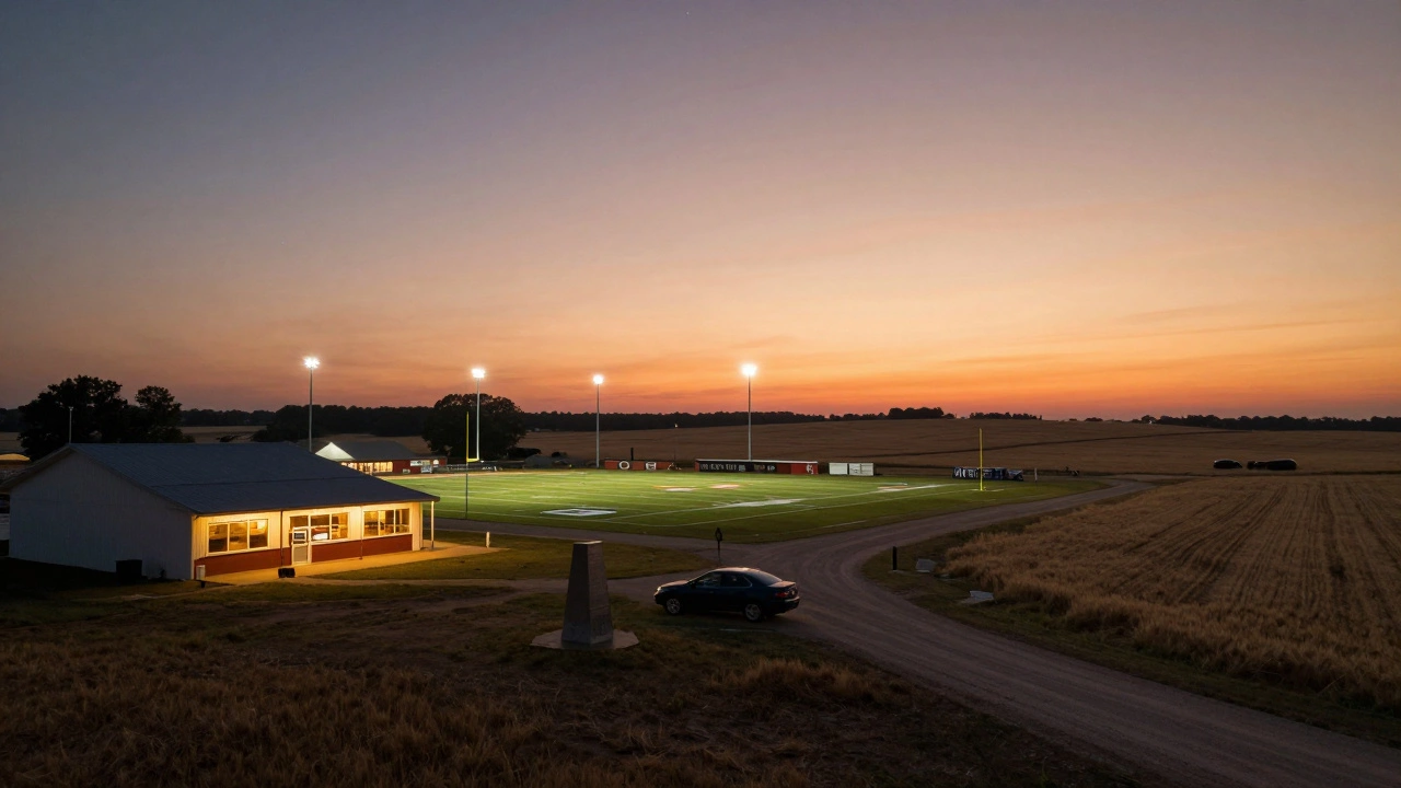 Dusk in Smith Center, Kansas, with diner lights and football field glowing beside endless wheat fields.