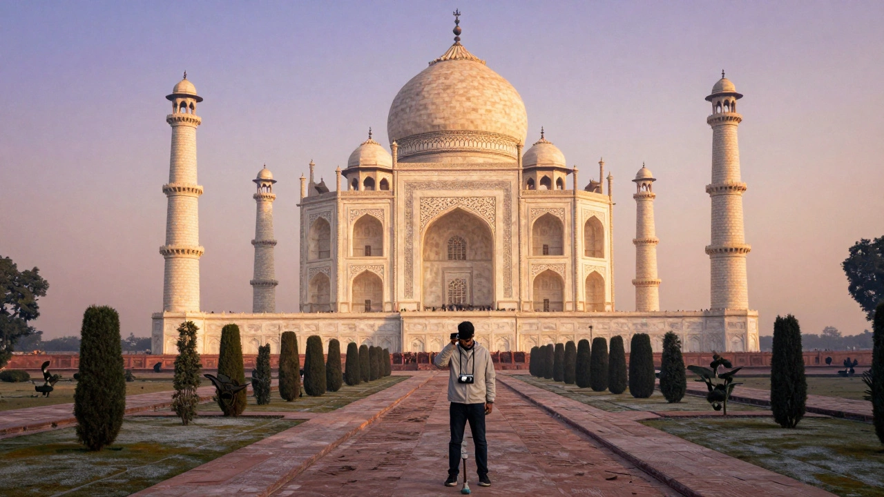 Early morning visitor at Taj Mahal in December, alone on the path as gates open to golden sunrise light.