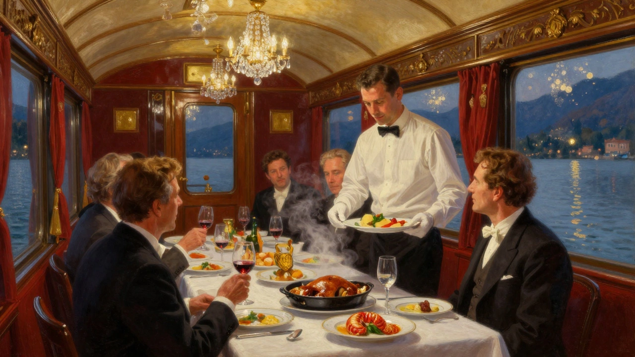 Elegant diners in formal wear enjoy a gourmet meal in a crystal-chandeliered dining car with lake views.
