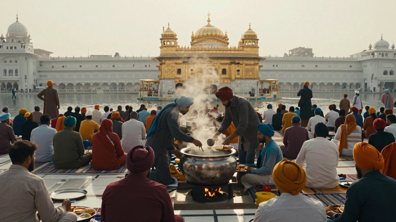 Hundreds of people eating free meals together in a vast, sunlit hall at the Golden Temple