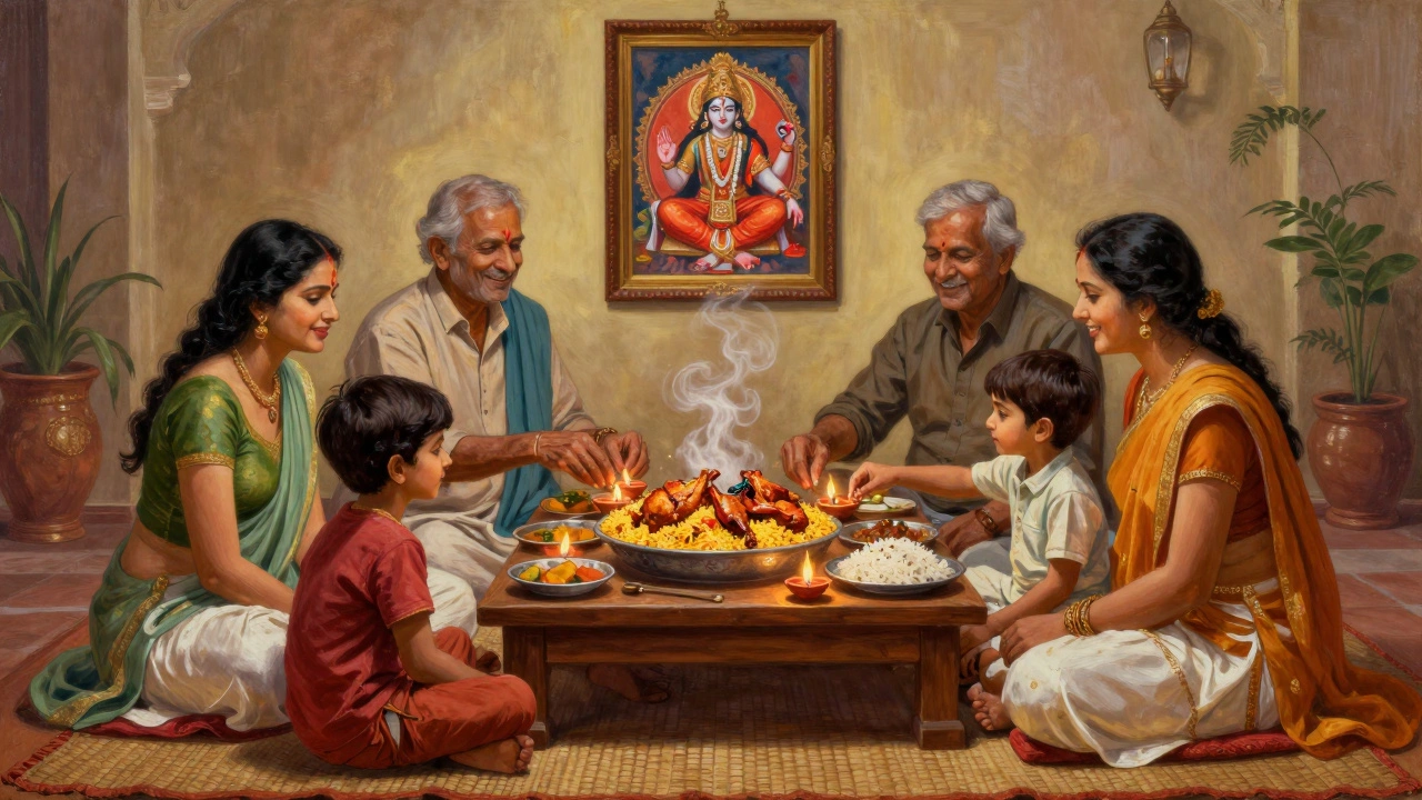 Indian family sharing chicken biryani and tandoori chicken during Diwali celebration with diyas lighting the meal.