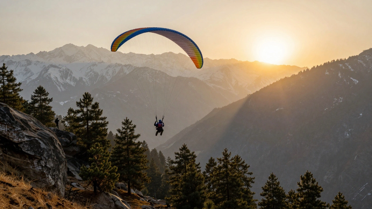 Paraglider gliding over pine forests and snow-capped mountains in Solang Valley.