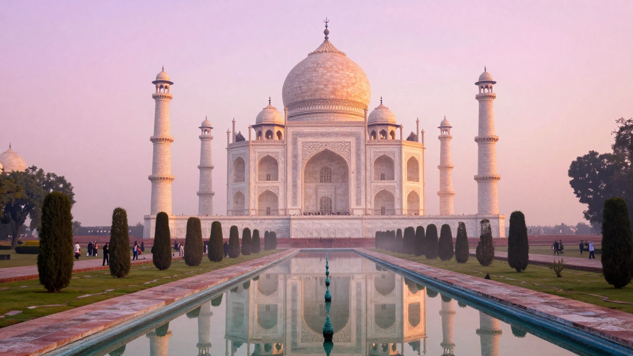 Taj Mahal at sunrise, glowing white marble reflected in a calm pool under pink and gold sky.