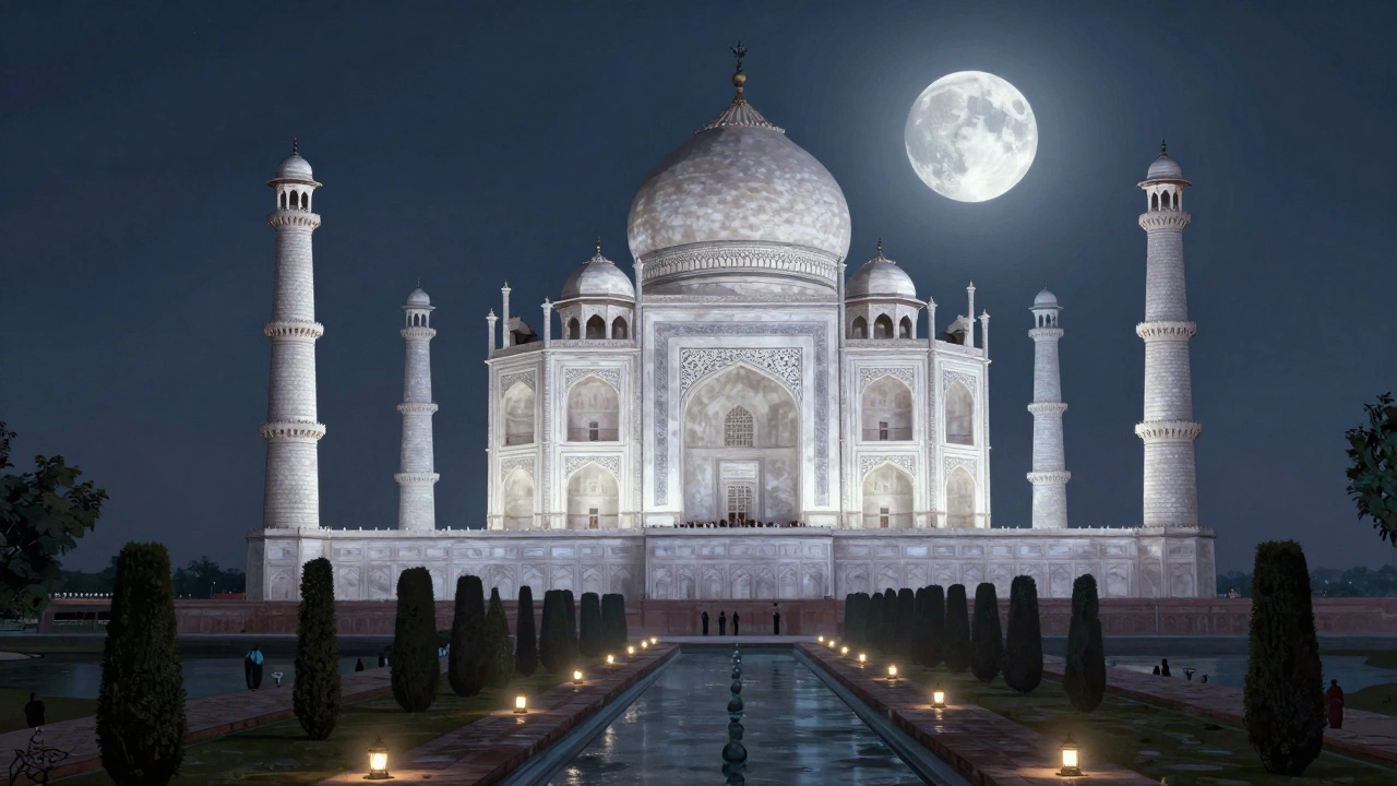 Taj Mahal illuminated by full moonlight, silvery and serene, with soft garden lanterns and few visitors.
