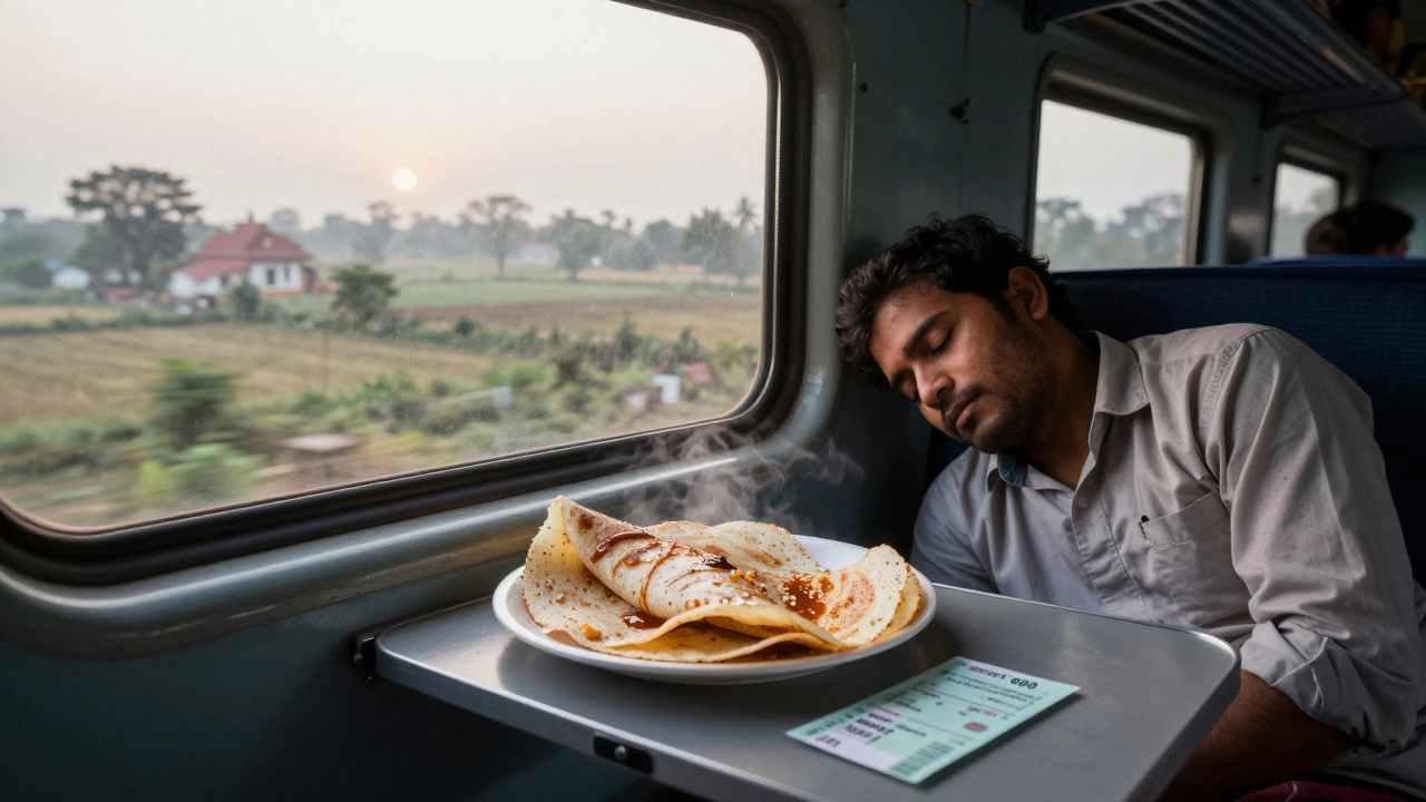 Train passenger sleeping with local food, rural India passing by window.
