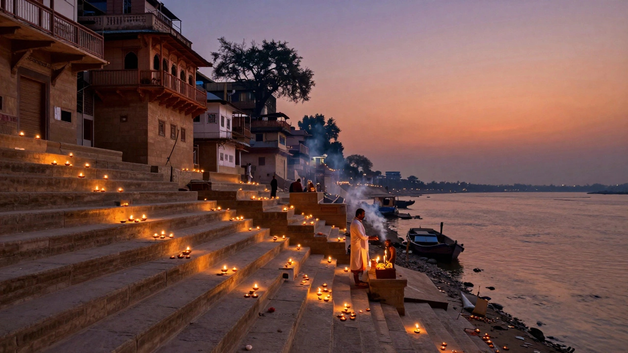 Varanasi ghats at dusk, hundreds of oil lamps floating on the Ganges amid ancient stone steps.