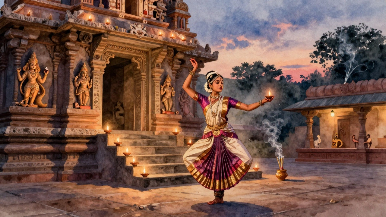 A Bharatanatyam dancer illuminated by oil lamps in front of an ancient South Indian temple at dusk.