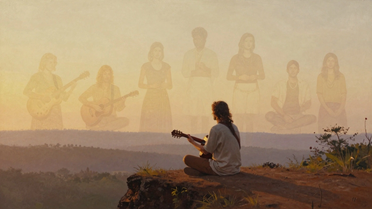 A modern traveler on a Goa cliff at sunset, with faint ghostly images of 1970s hippies fading into the landscape behind them.