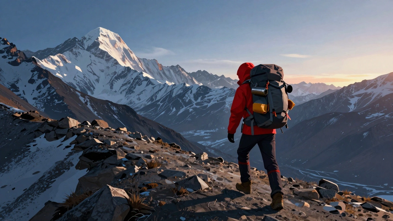 A solo trekker crossing a high mountain pass in Himachal Pradesh with heavy gear under a dramatic sky.