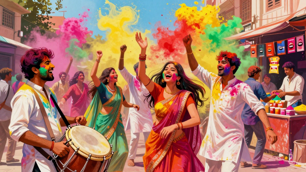 A vibrant Holi festival with people throwing colored powder and dancing in the streets of Delhi.