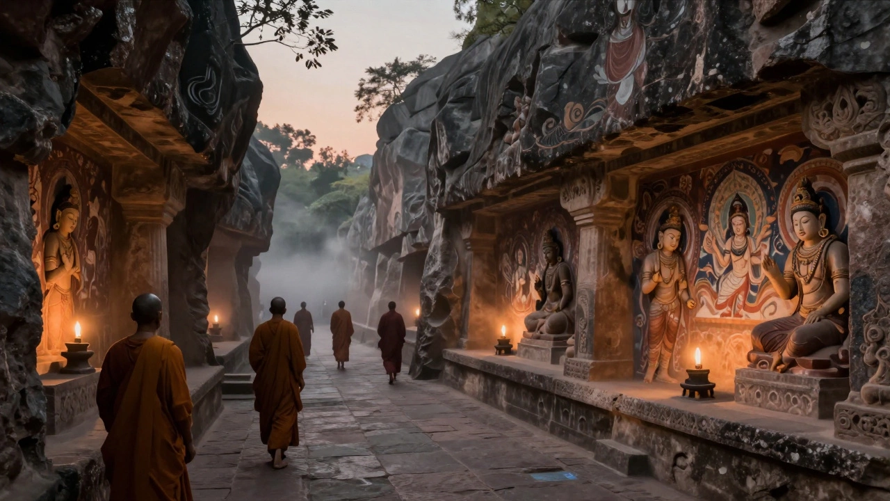 Ancient rock-cut temples of Ajanta and Ellora illuminated by torchlight, with monks walking nearby.