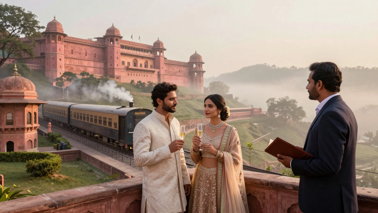 Couple enjoying champagne at Amber Fort at sunrise, guided by a historian, with a luxury train in the distance.